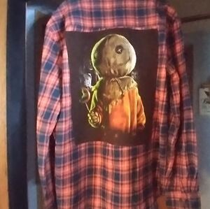 Upcycled Flannel Shirt W/ Custom SAM TRICK R TREAT Movie back Patch